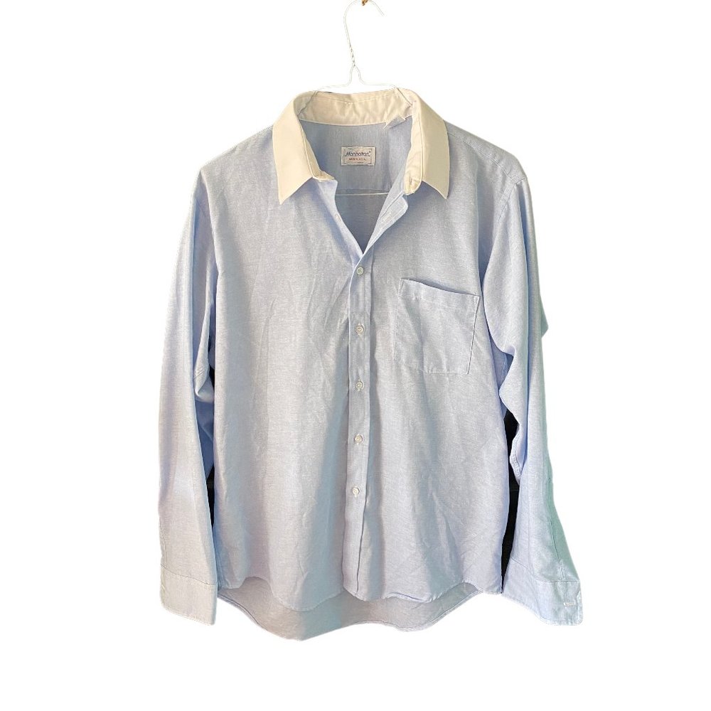 Manhattan VTG Blue White Collar Button Up Long Sleeve Dress Shirt - 16.5-34-35